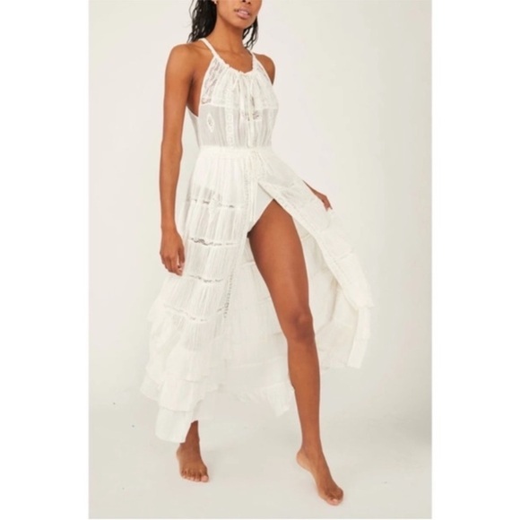 Free People Dolly Bodysuit Dress White Lace Maxi Ruffle Dress Boho Ethereal S - Picture 3 of 15
